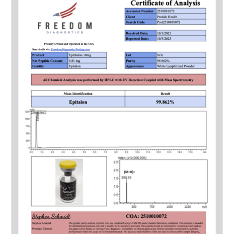 Epithalon 10mg COA Epithalon third party tested 99% pure research peptide COA
