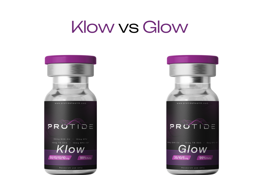 Klow vs Glow: A Klow Peptide Vial and Glow Peptide Vial side by side.
