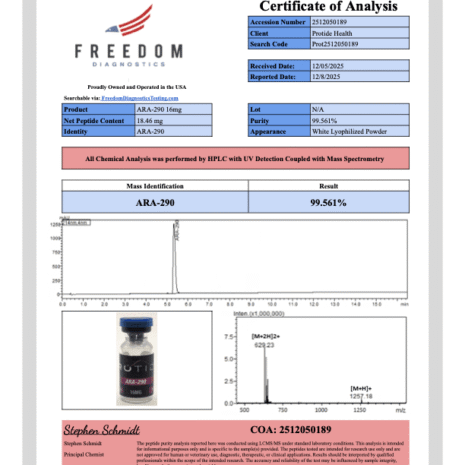 Ara-290 16mg Ara-290 16mg COA lab test results from Protide Health.