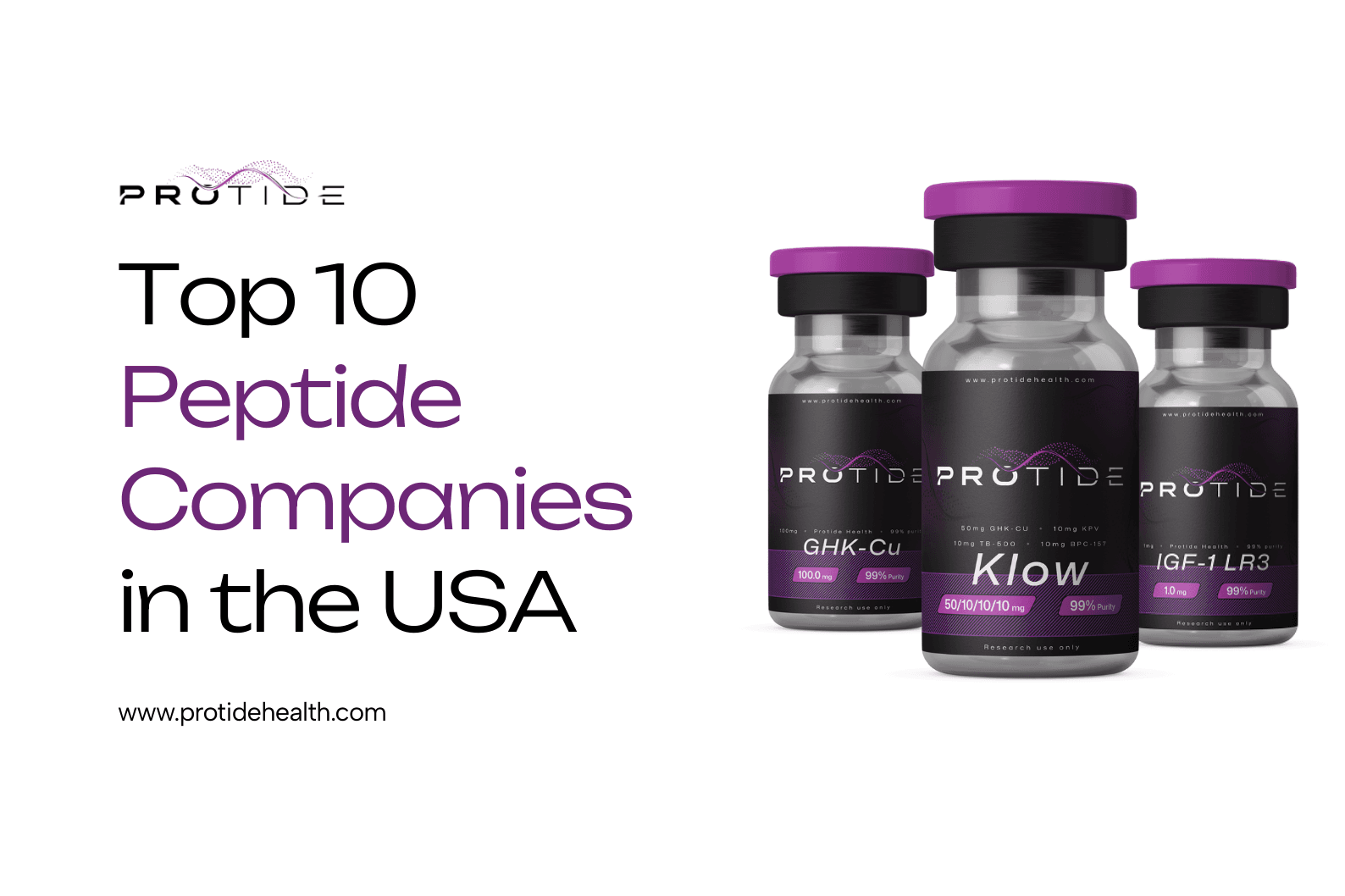 "Top 10 Peptide Companies in the USA," featuring "Protide Health" branded peptide products including "Peptide Serums," "Peptide Capsules", and "BPC-157" peptide vials.