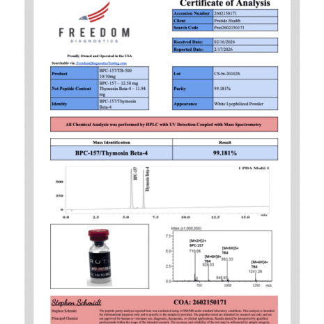 BPC-157:TB-500 Feb BPC-157/TB-500 10/10mg “Wolverine Blend” COA Peptide Lab Results from Protide Health.