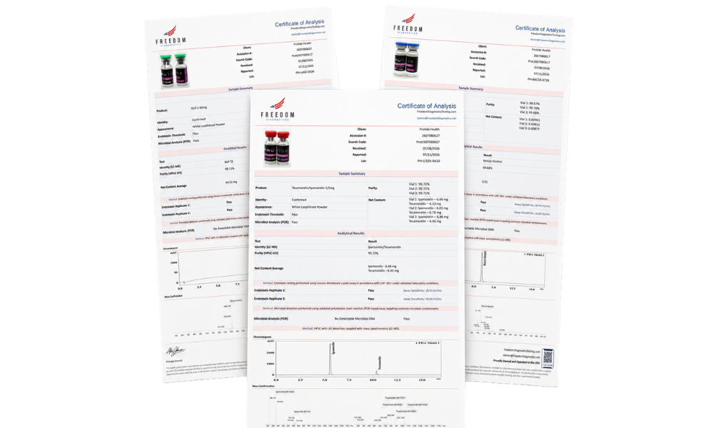Independent third-party Certificates of Analysis with HPLC and mass spectrometry purity results for Protide Health research peptides