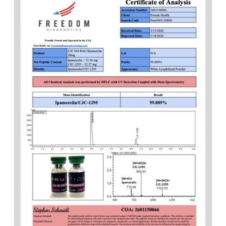 CJC:IPA 10:10mg Buy CJC-1295 (No DAC)/Ipamorelin 10/10mg Peptide Blend COA results from Protide Health.