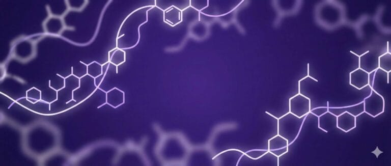 Stylized peptide protein chains and molecular rings framing a purple header background for Protide Health.