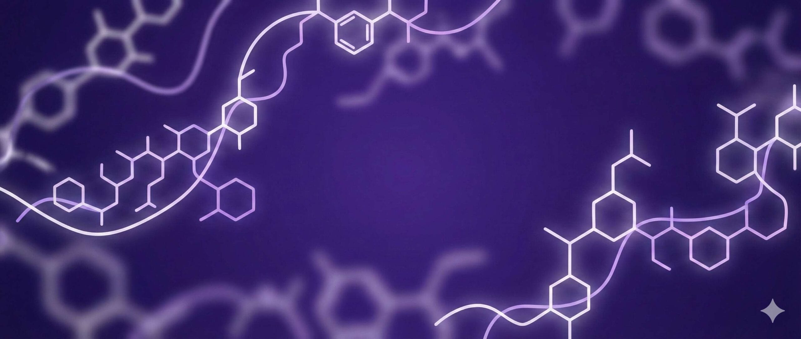 Stylized peptide protein chains and molecular rings framing a purple header background for Protide Health.