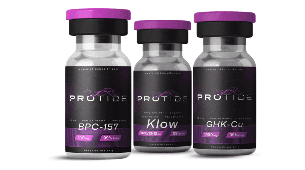 Three vials of peptides including BPC-157, Klow, and GHK-Cu (Copper Peptide) available at Protide Health.