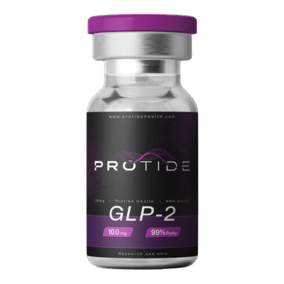 GLP-2 10mg peptide vial with black background from Protide Health.