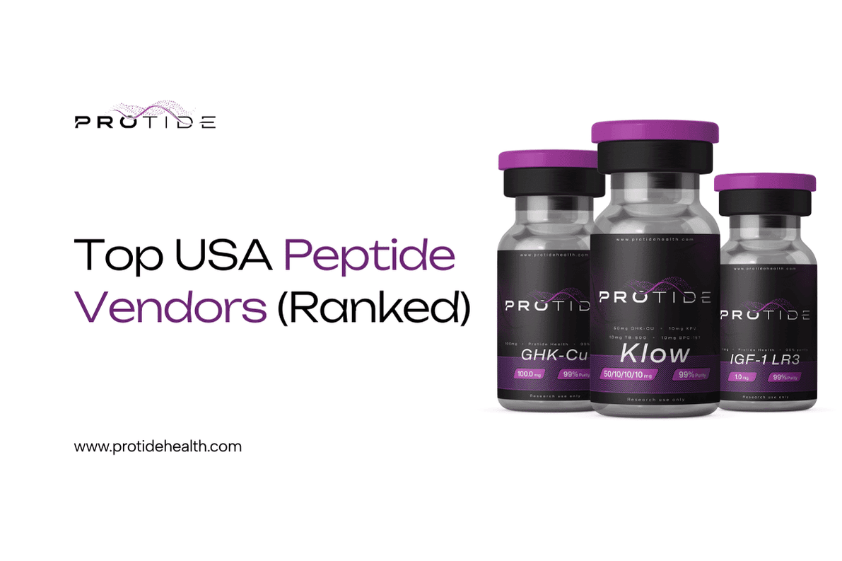 Sterile glass vials of lyophilized research peptides, illustrating trusted USA vendors for buying peptides online.