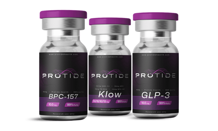 Three vials of peptides including BPC-157, Klow, and GLP-3 available at Protide Health.