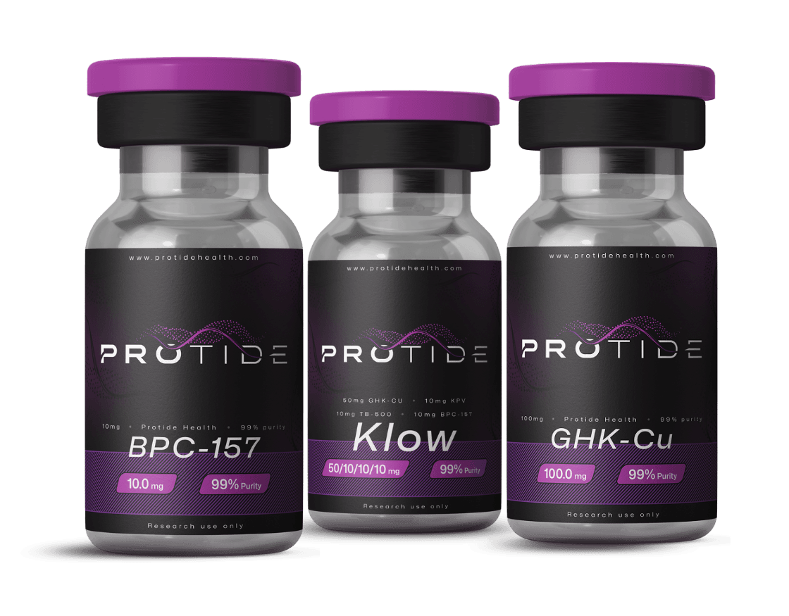 Three vials of peptides including BPC-157, Klow, and GHK-Cu (Copper Peptide) available at Protide Health.