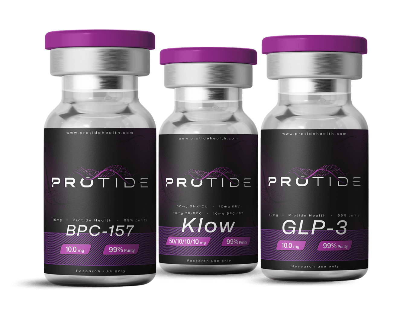 Three vials of peptides including BPC-157, Klow, and GLP-3 available at Protide Health.