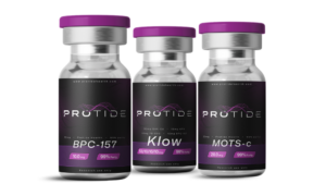 Three vials of peptides including BPC-157, Klow, and GLP-3 available at Protide Health.
