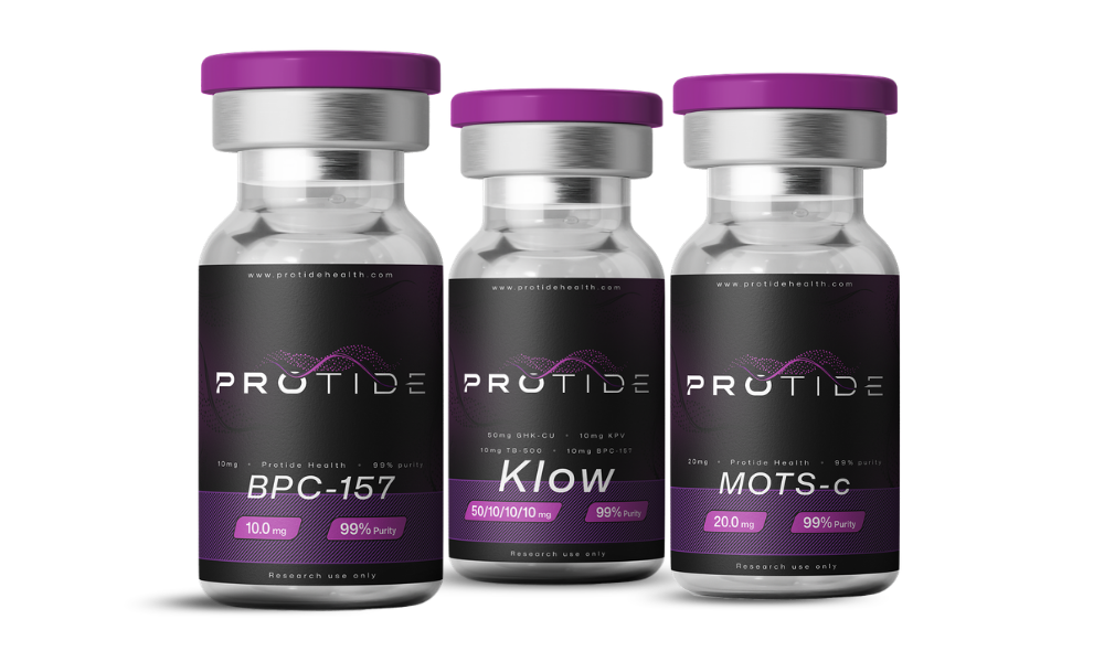 Three vials of peptides including BPC-157, Klow, and GLP-3 available at Protide Health.