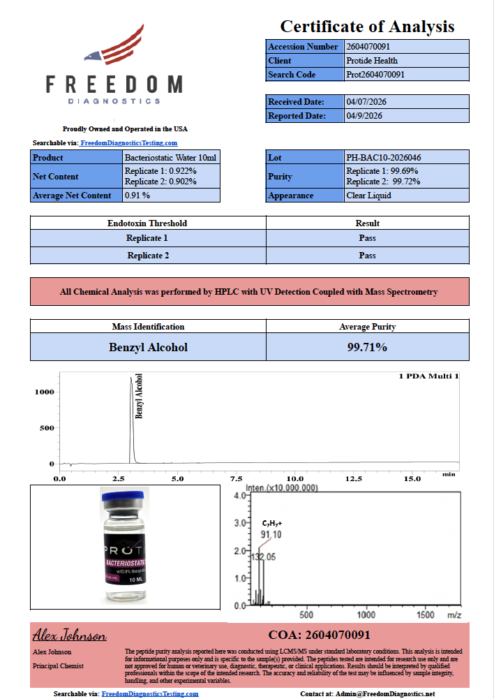Source COA scan, Bacteriostatic Water 10ml lot PH-BAC10-2026046