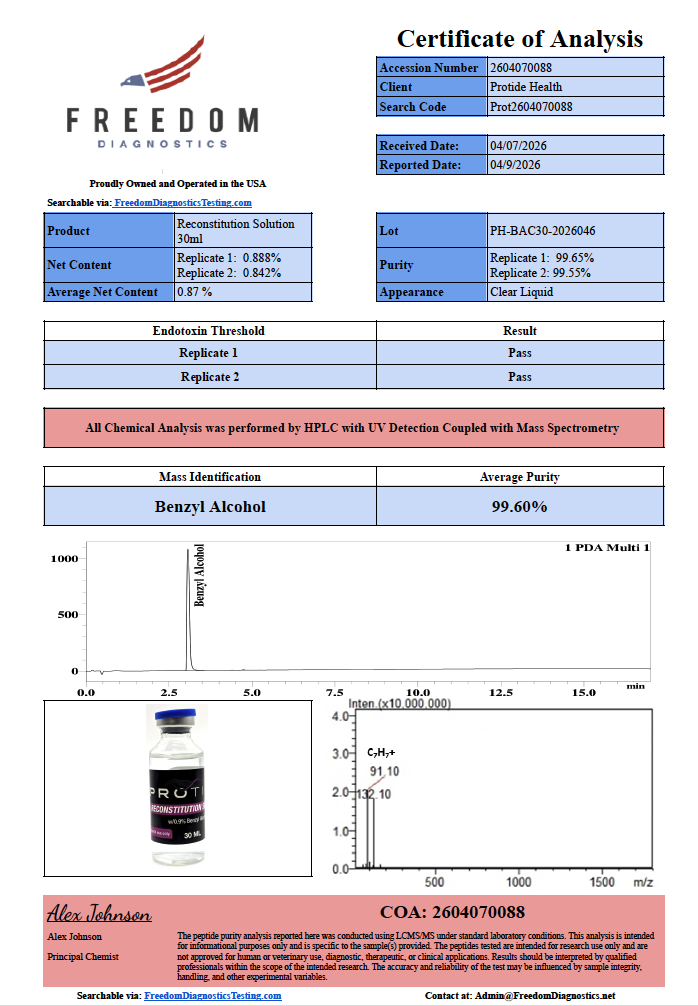 Source COA scan, Bacteriostatic Water 30ml lot PH-BAC30-2026046