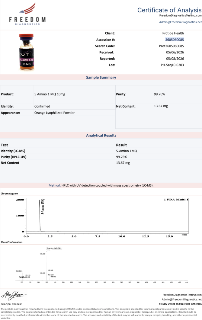 Source COA scan, 5 Amino 1MQ 10mg lot PH-5aq10-0203