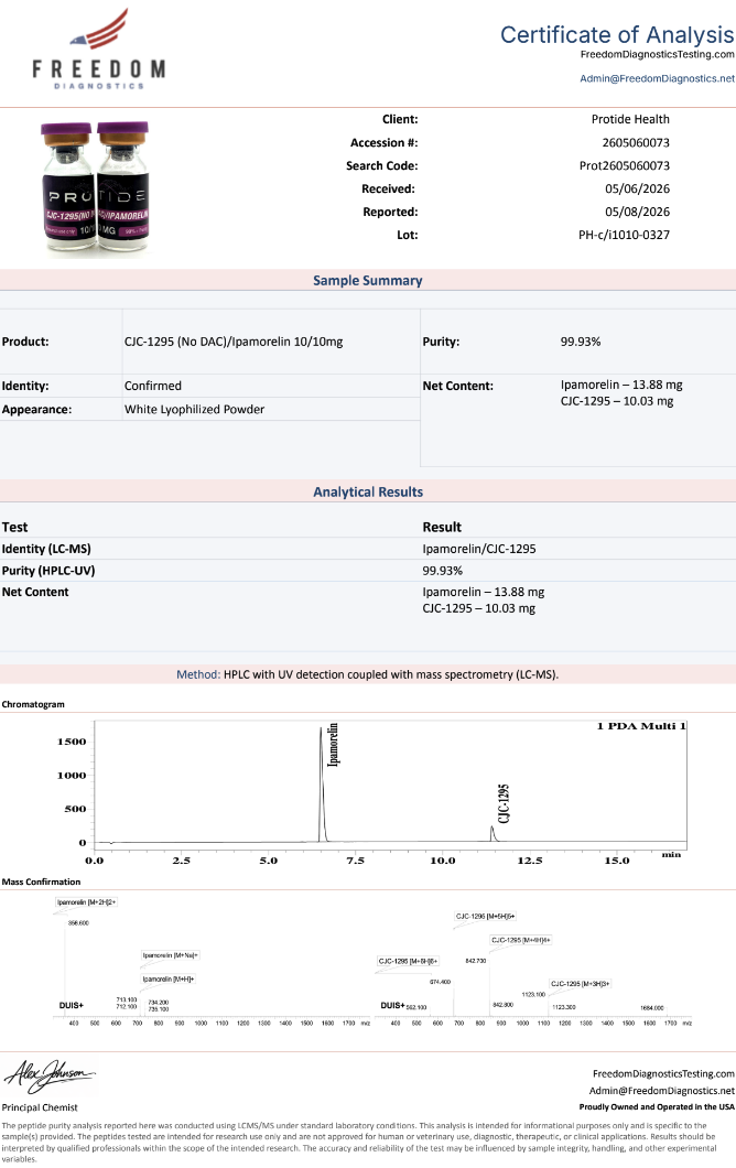 Source COA scan, CJC-1295 (No DAC)/Ipamorelin 10/10mg lot PH-c/i1010-0327