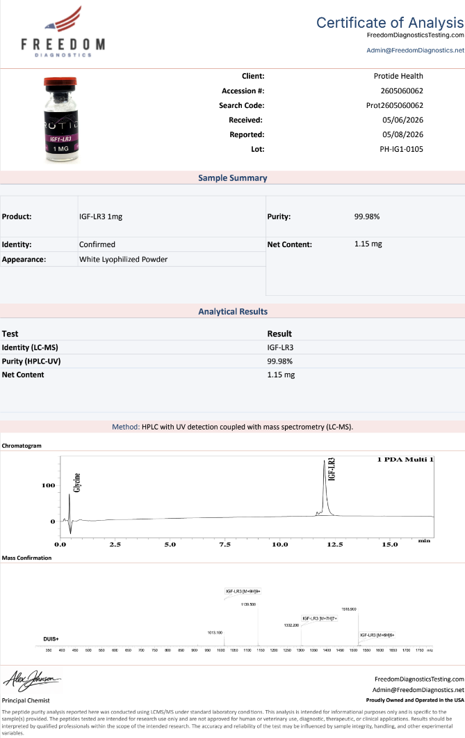 Source COA scan, IGF-LR3 1mg lot PH-IG1-0105