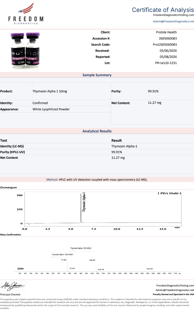 Source COA scan, Thymosin Alpha 1 10mg lot PH-ta110-1231
