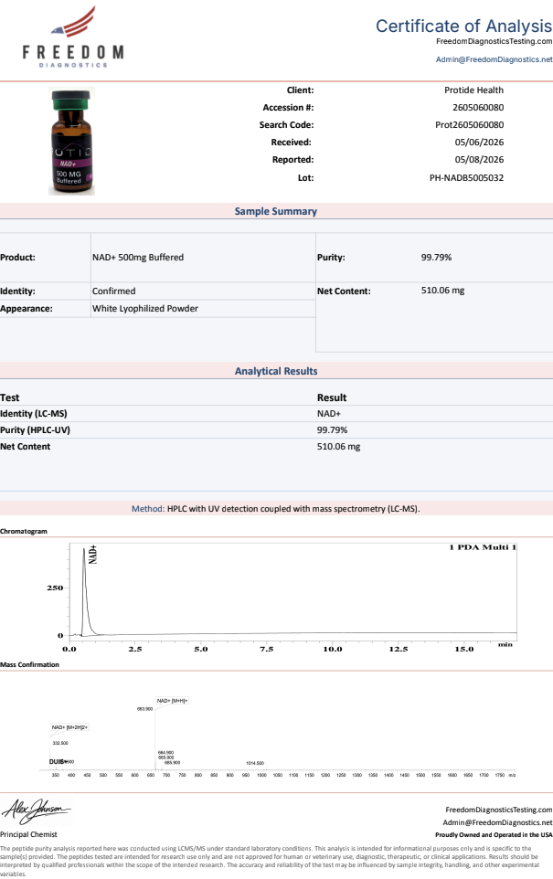 Source COA scan, NAD+ 500mg Buffered lot PH-NADB5005032