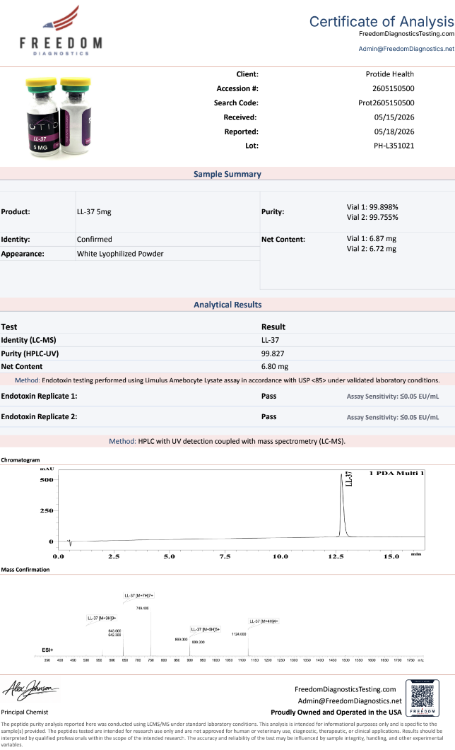 Source COA scan, LL-37 5mg lot PH-L351021