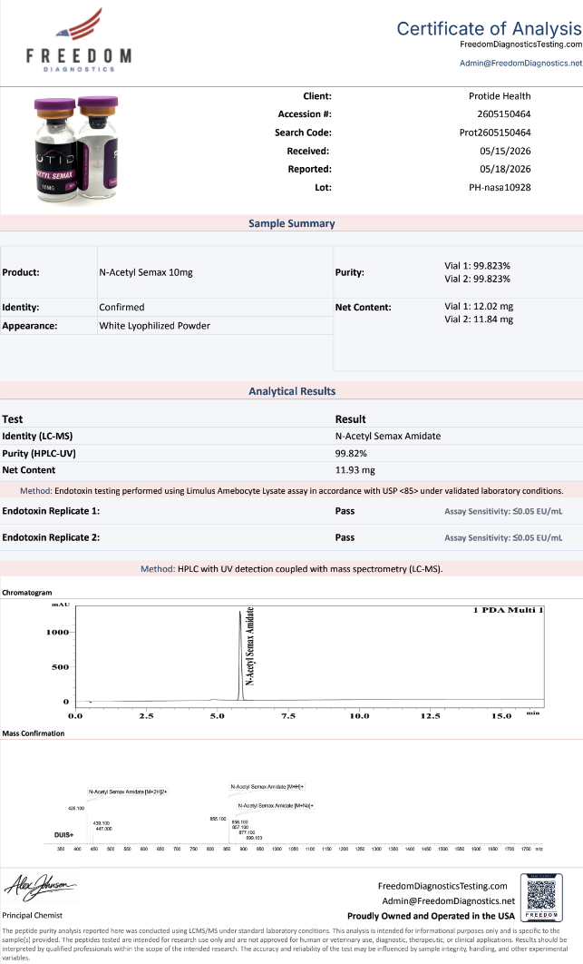 Source COA scan, N-Acetyl Semax 10mg lot PH-nasa10928