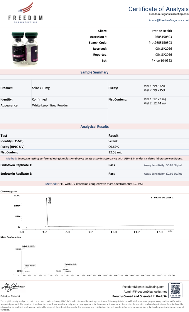 Source COA scan, Selank 10mg lot PH-sel10-0322
