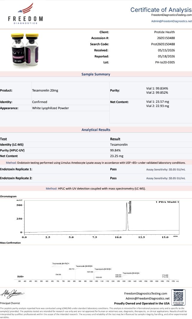 Source COA scan, Tesamorelin 20mg lot PH-te20-0305