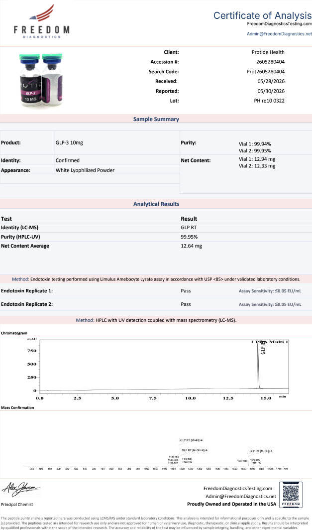 Source COA scan, GLP-3 10mg lot PH re10 0322
