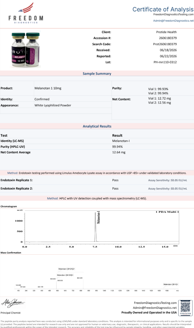 Source COA scan, Melanotan-1 10mg lot PH-mn110-0312