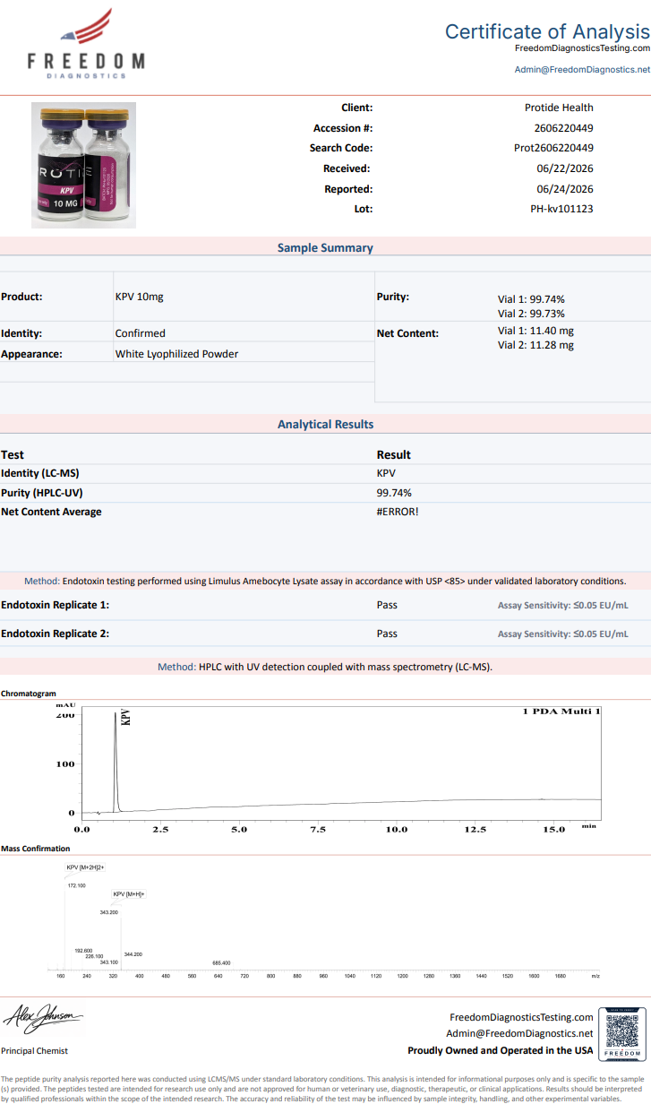 Source COA scan, KPV 10mg lot PH-kv101123