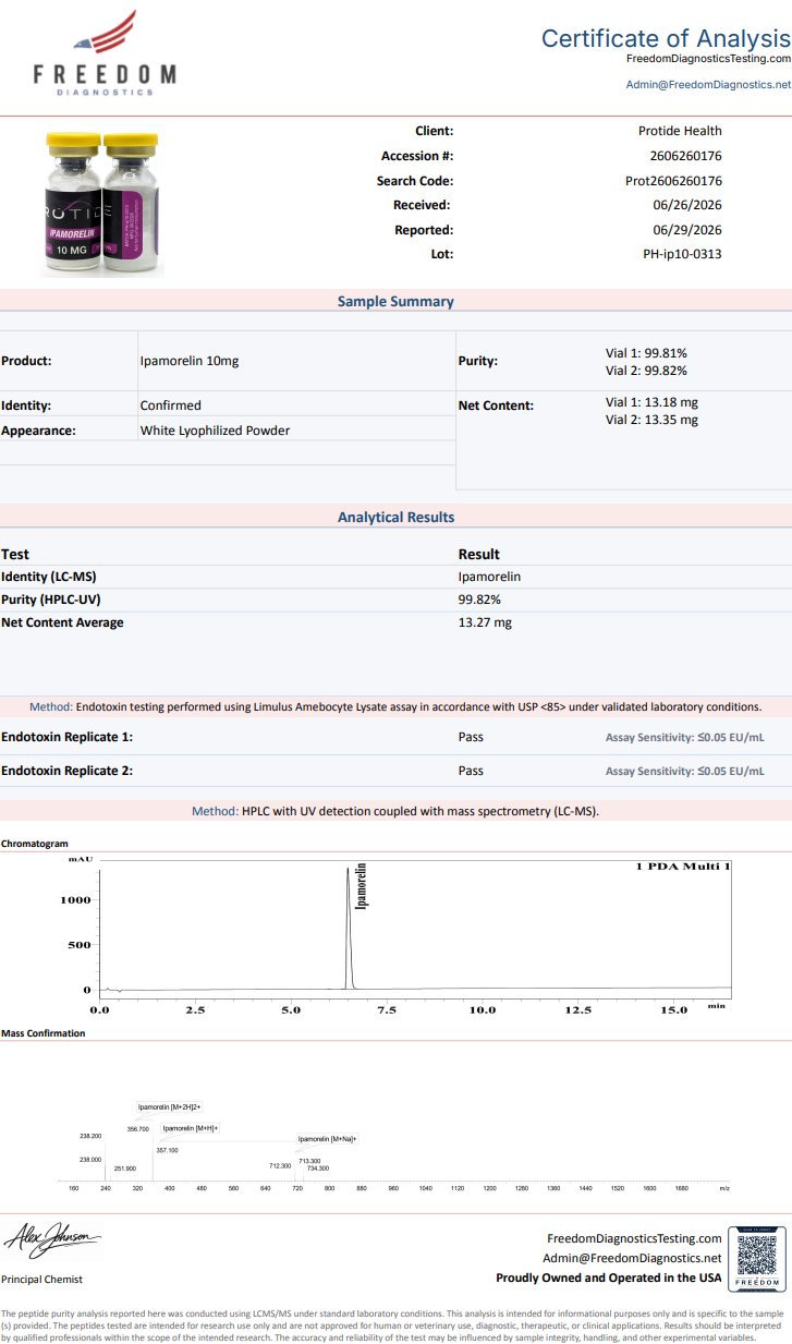 Source COA scan, Ipamorelin 10mg lot PH-ip10-0313
