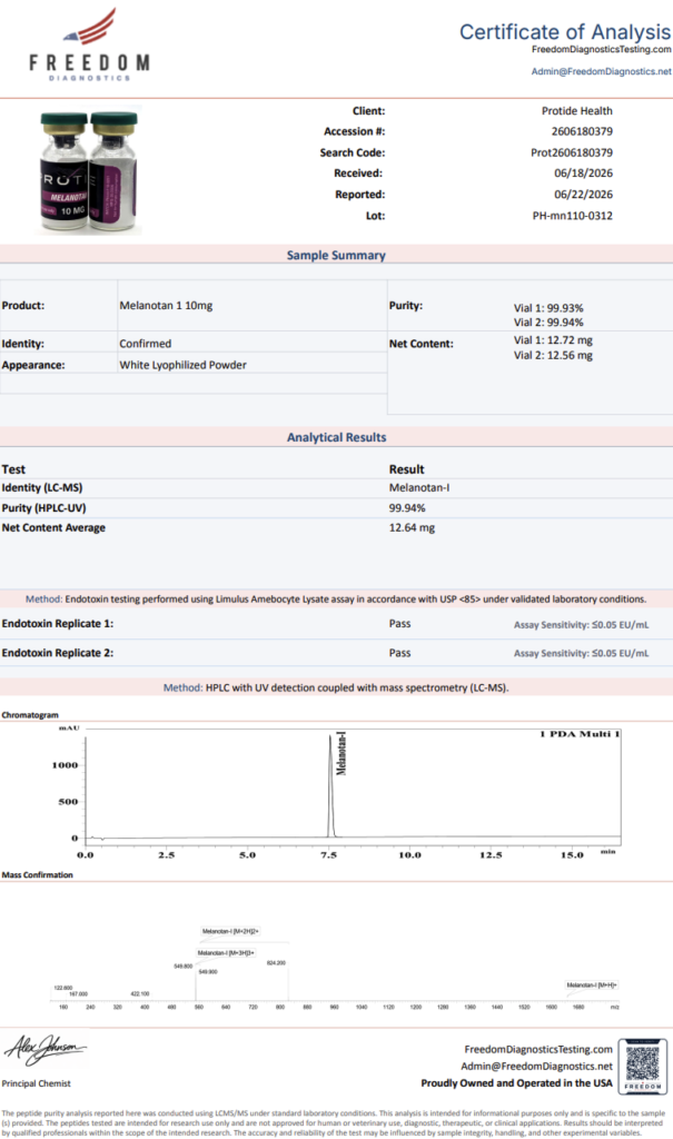 Protide Health COA for Melanotan-1 shown below, Freedom Diagnostics reported HPLC purity of 99.94%, confirmed identity by LC-MS, and two endotoxin replicates passing at an assay sensitivity of 0.05 EU/mL or lower