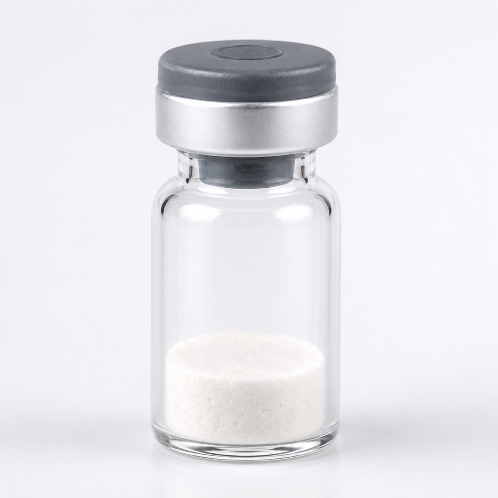 lyophilized peptide in a blank clear vial.
