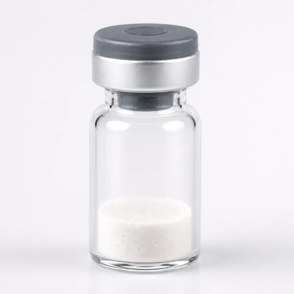 lyophilized peptide powder in a blank clear vial.