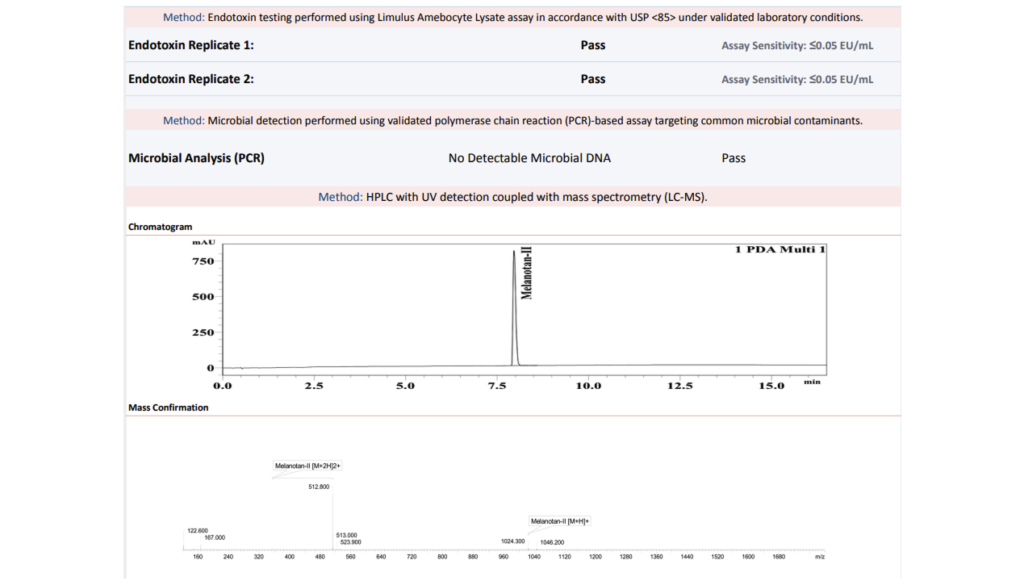 Third-party testing COA from Protide Health showing supporting assays including Endotoxin and sterility testing and Microbial analysis (PCR) testing.
