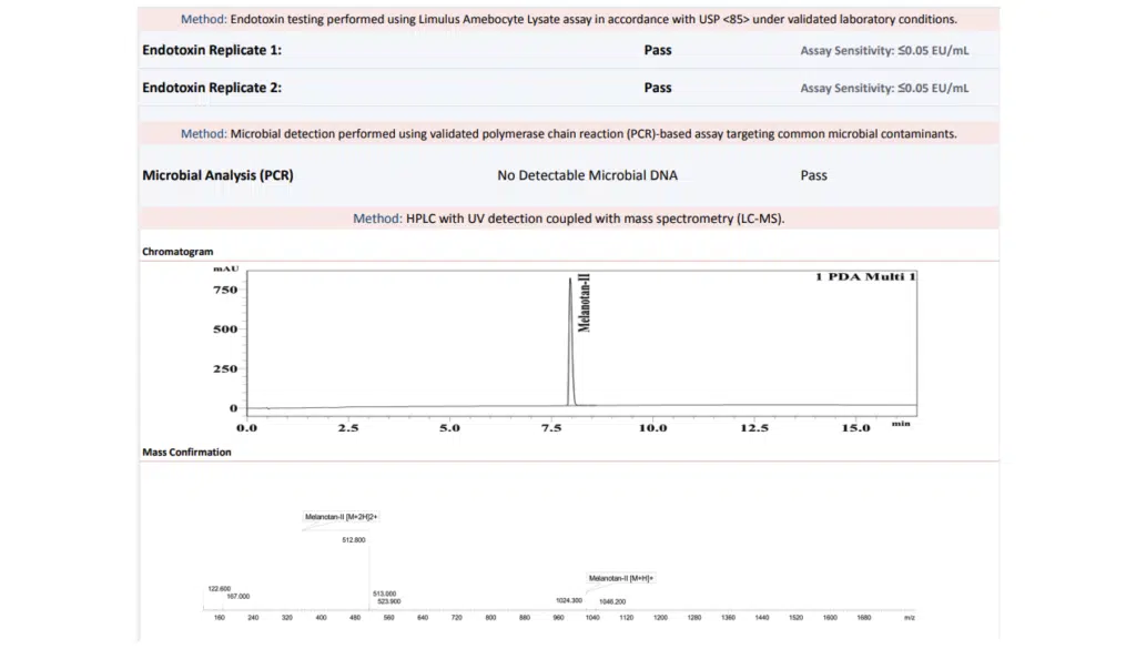 Third-party testing COA from Protide Health showing supporting assays including Endotoxin and sterility testing and Microbial analysis (PCR) testing.