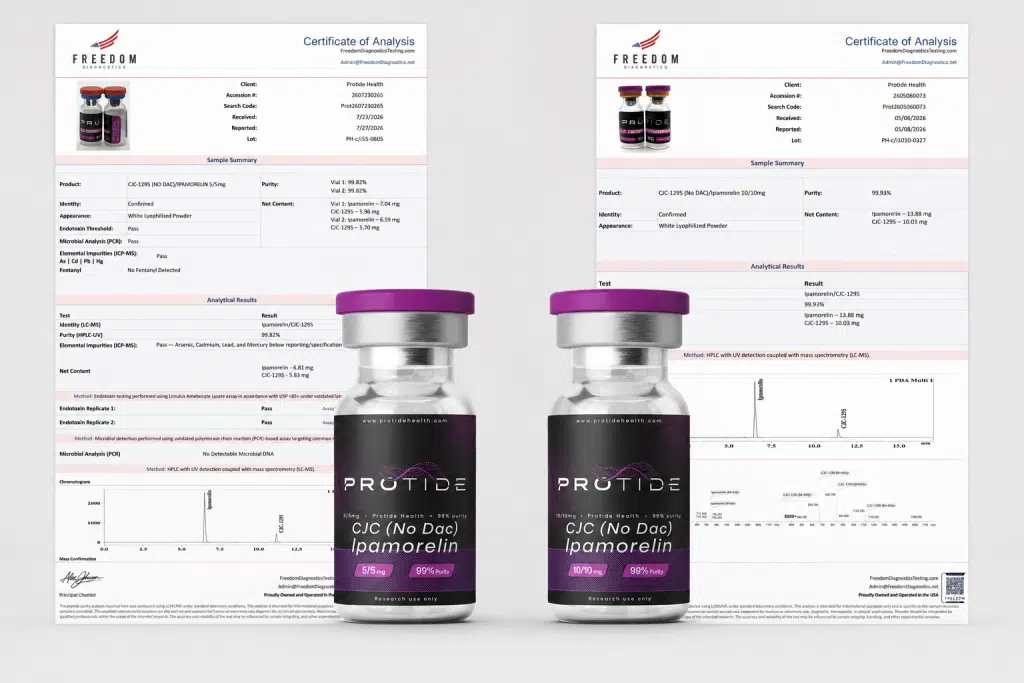CJC-1295 No DAC and Ipamorelin blend vial from Protide Health with third-party HPLC-MS certificate of analysis