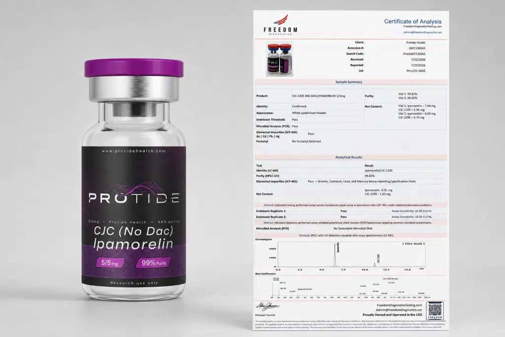 5/5mg CJC-1295 (No DAC) and Ipamorelin peptide vial from Protide Health with third-party COA