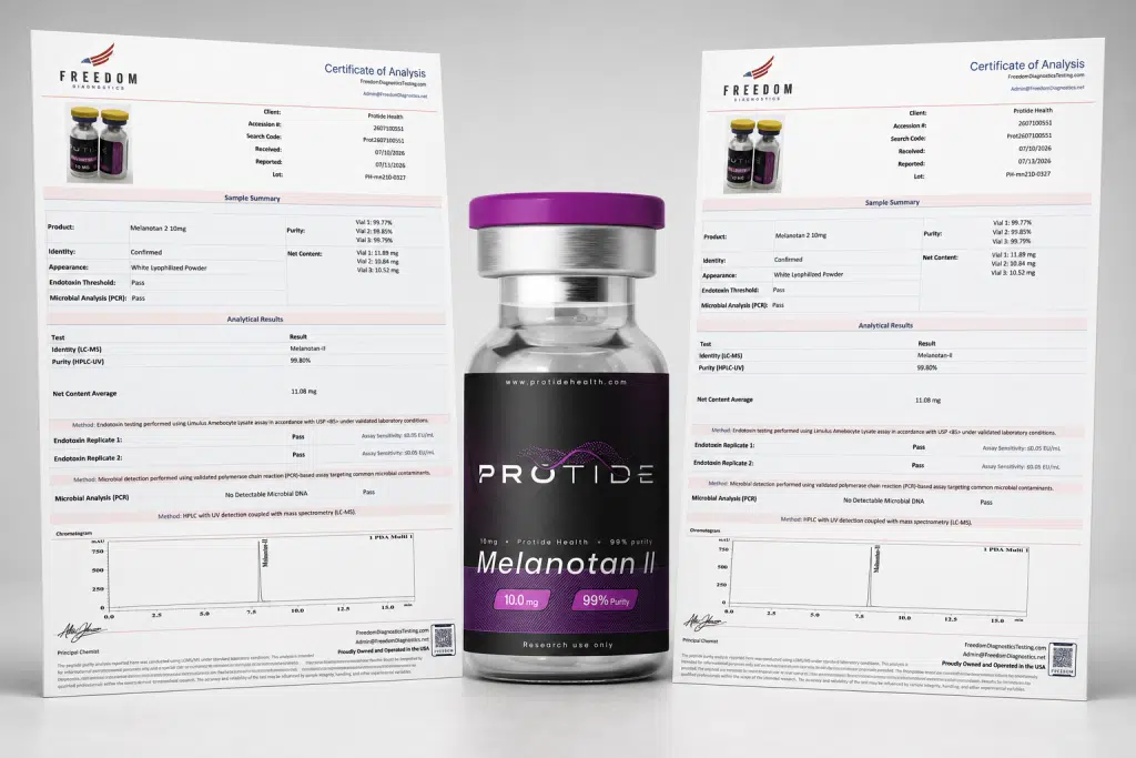 Protide Health Melanotan-2 MT-2 10mg research peptide vial and third-party COA.