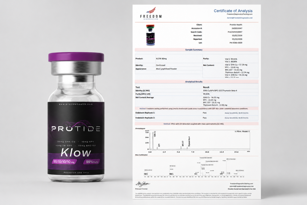 Klow Blend 80mg research peptide vial from Protide Health with third-party certificate of analysis