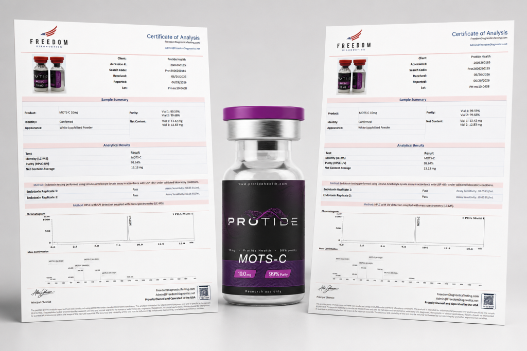 Protide Health MOTS-C vial with twin certificates of analysis
