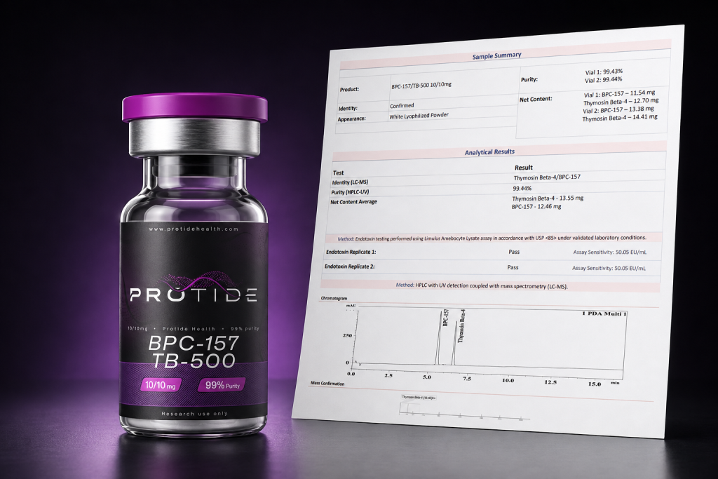 Protide Health Wolverine Blend BPC-157 TB-500 peptide vial with certificate of analysis
