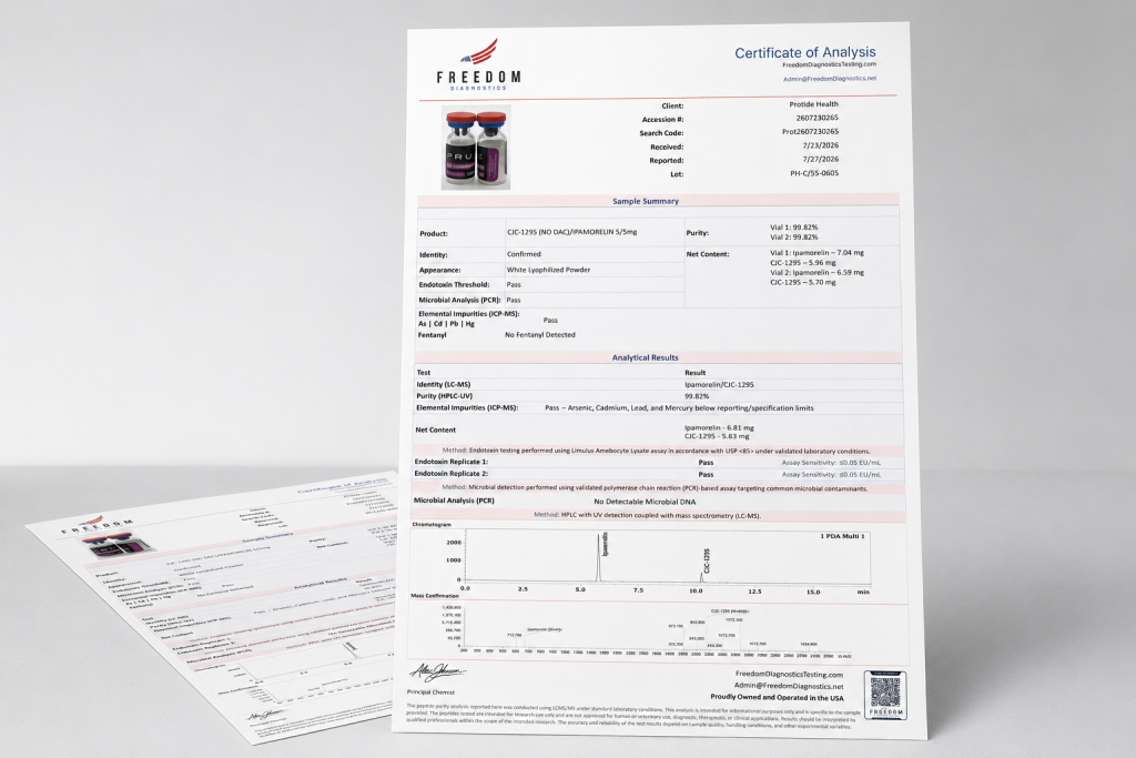 Freedom Diagnostics Certificate of Analysis Display for Research Use Only Peptides